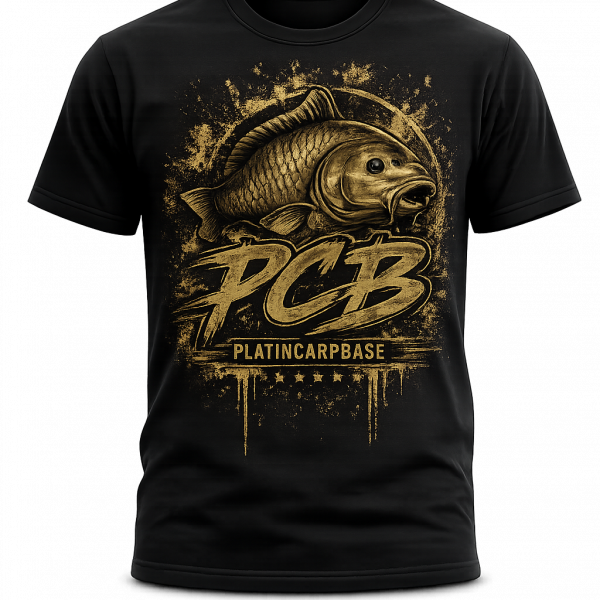 Schwarzes PCB First Edition Shirt mit großem goldfarbenem Karpfen-Frontprint und PCB Logo.