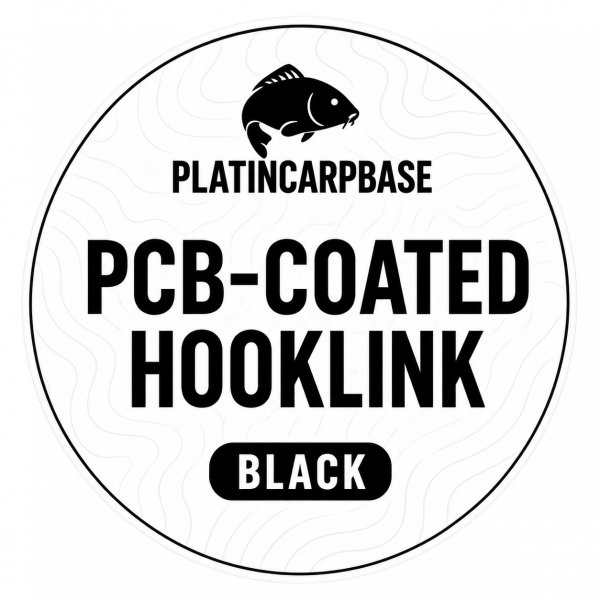 PCB &ndash; Coated Hooklink Black Vorderseite auf kleiner Spule mit Produktlabel und schwarzem beschichtetem Vorfachmaterial