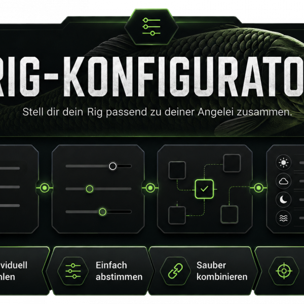 PCB Rig-Konfigurator mit Karpfenmotiv und Auswahlfeldern zum individuellen Zusammenstellen eines passenden Karpfenrigs.