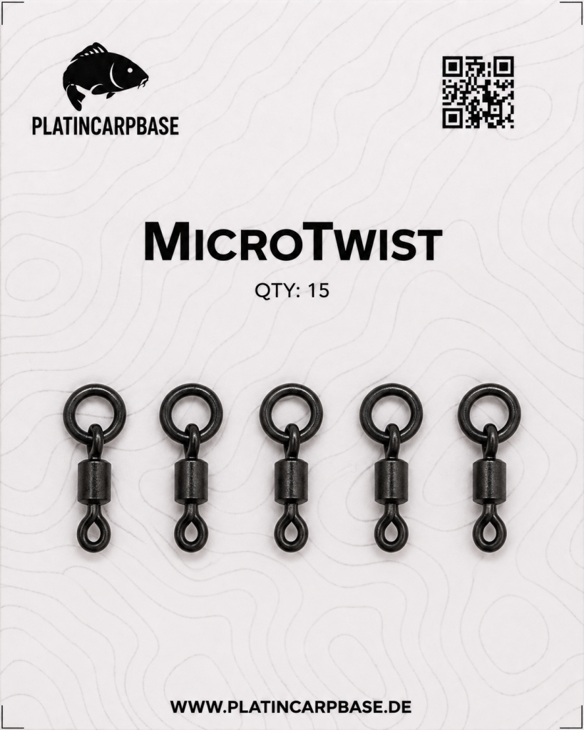 PCB – MicroTwist Rig für Karpfenangeln, stabile Verbindung mit Wirbel, schwarz gehaltene Linie, minimalistisches Design.